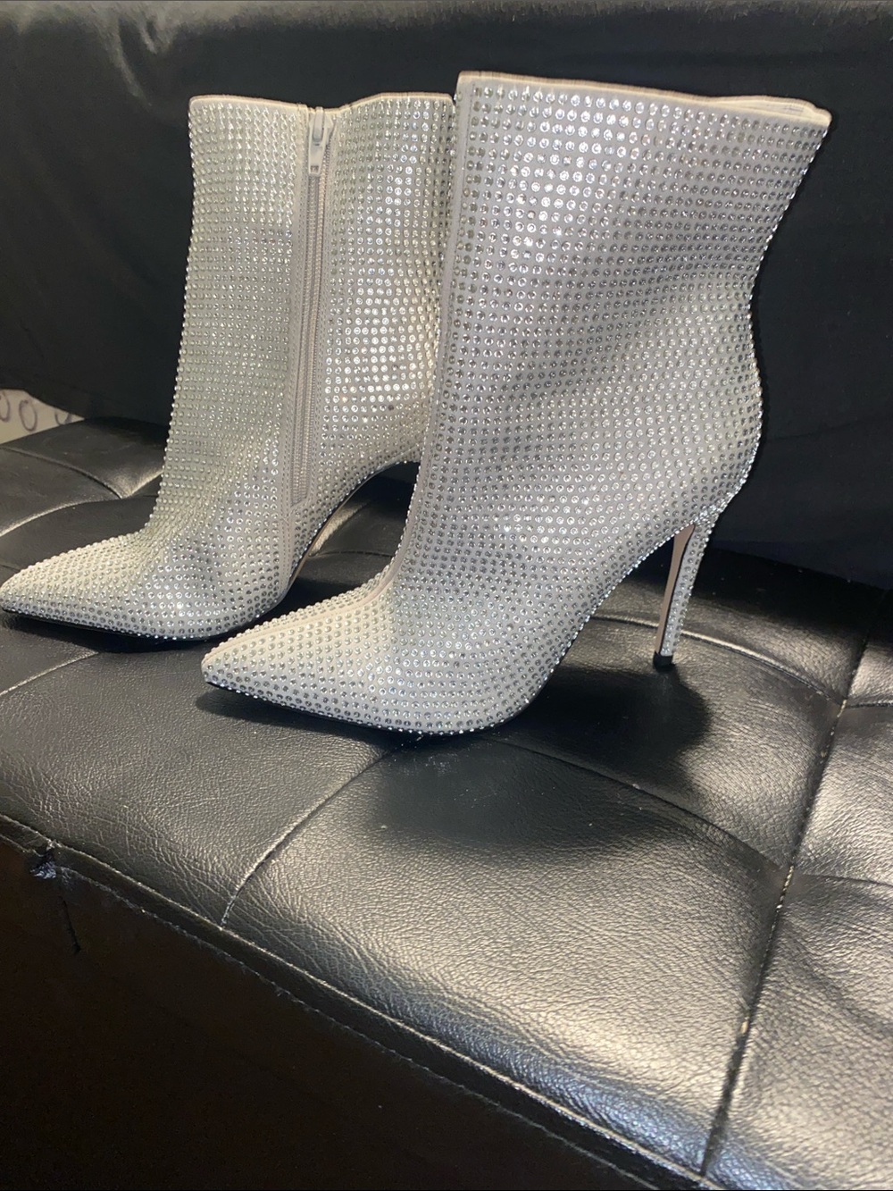 Rhinestone Pointed Toe Stiletto Ankle Boots - Silver
